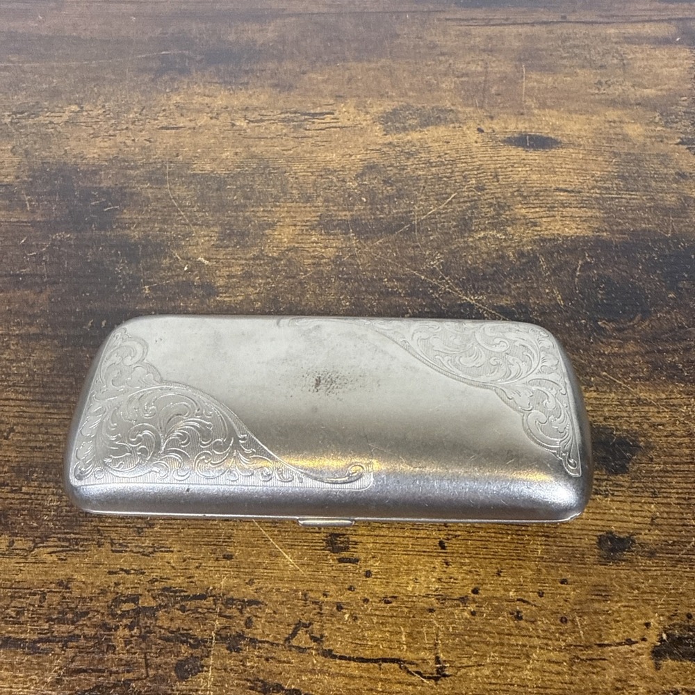Vintage Germany Silver Metal Eyeglass Case Hinged Floral Design Blue Felt Lined